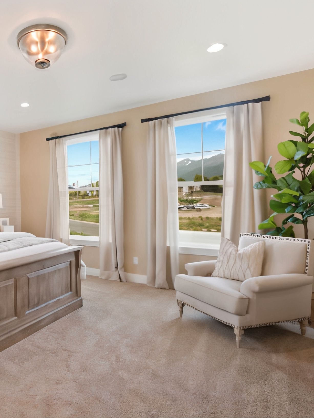 Bedroom with two windows, a beige armchair, and a large green plant; neutral tones with a mountain view.