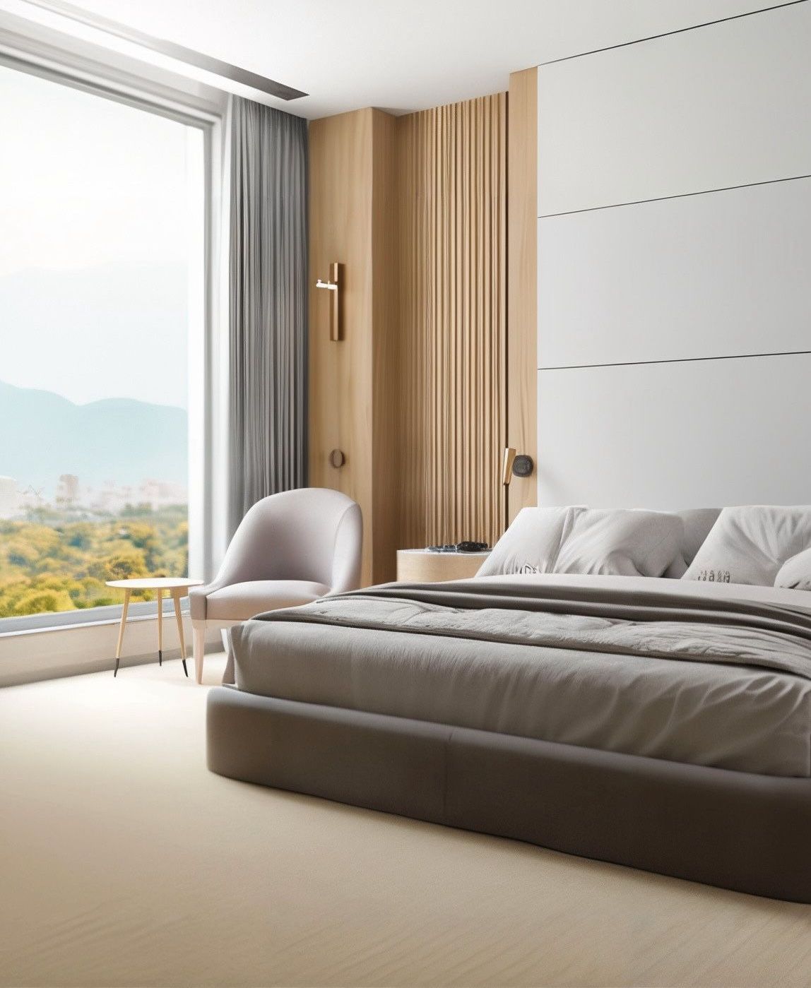 Modern bedroom with a large window overlooking a cityscape, a bed with gray bedding, and a neutral color scheme.