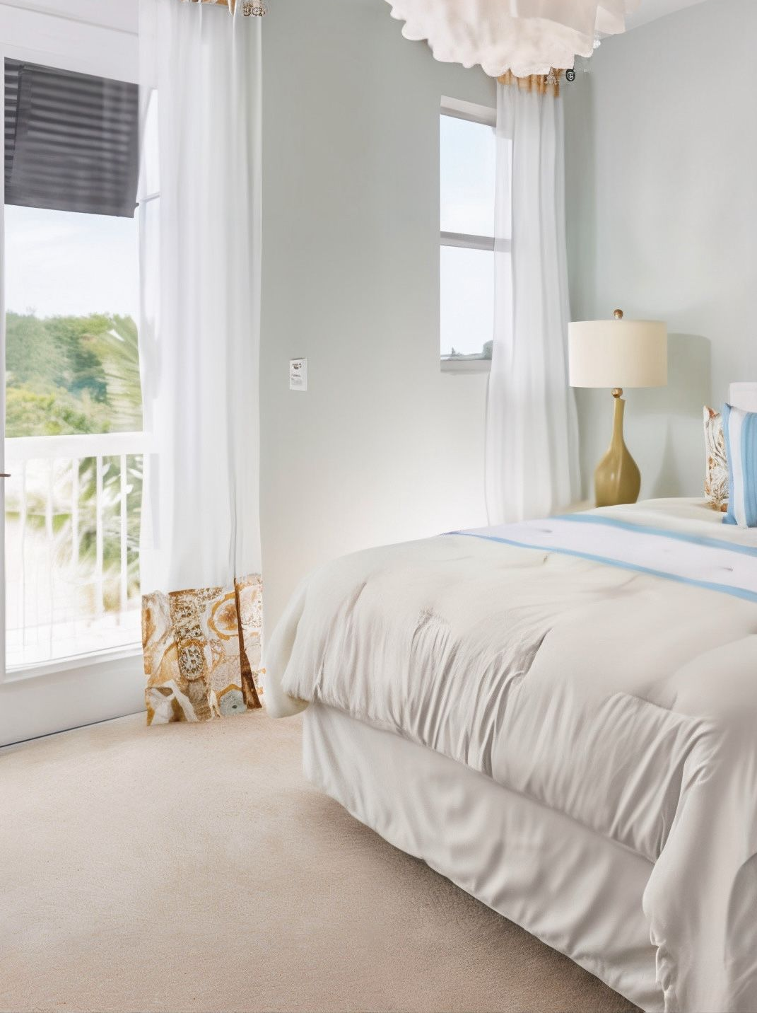 Bedroom with a bed, sheer white curtains, and a balcony door; light blue and beige tones.