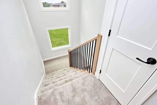 Staircase with carpet, black metal railings, and white walls. Door to the right. Two windows with green grass view.