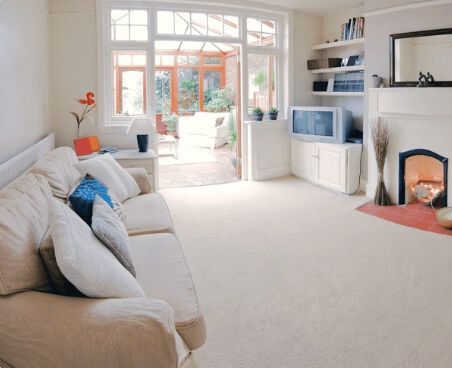 Cozy living room with beige carpet, sofa, fireplace, and a doorway leading to a sunroom.