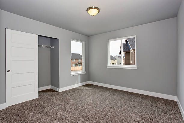 Empty bedroom with gray walls, carpet, closet, and two windows.