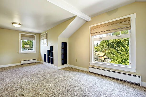 Bright ivory room with vaulted ceiling, built-in shelves and carpet floor
