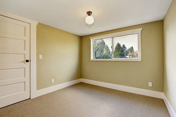 Small empty room with window and beige carpet floor