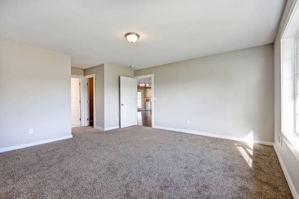 Empty bedroom with gray carpet, light gray walls, and doorways.