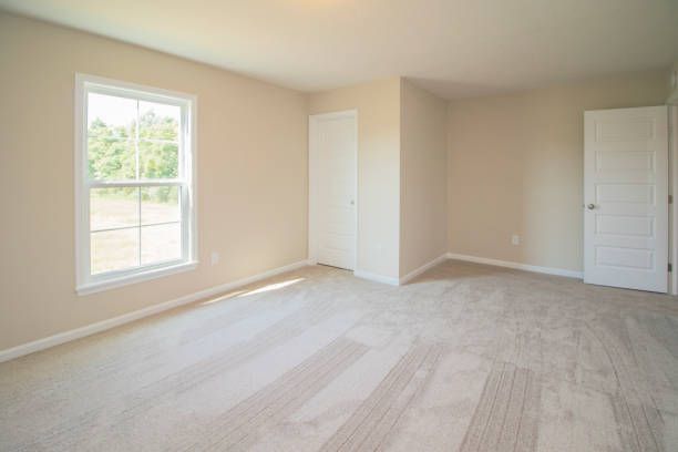 Empty beige bedroom with a window, carpet, closet, and door.