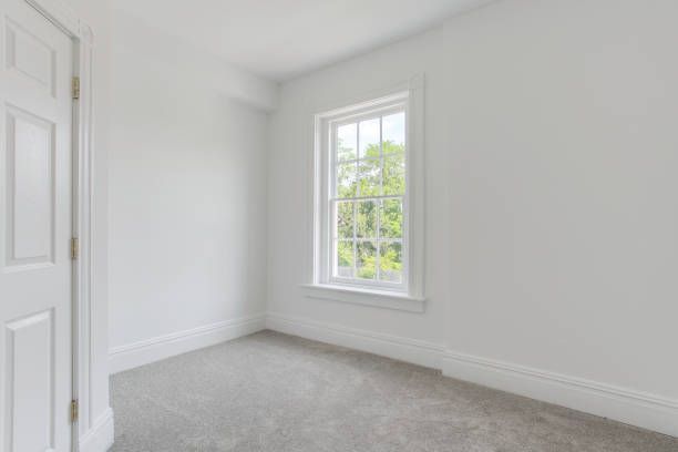 Empty, white-walled room with gray carpet, a window, and a closed door. Bright daylight streams through the window.