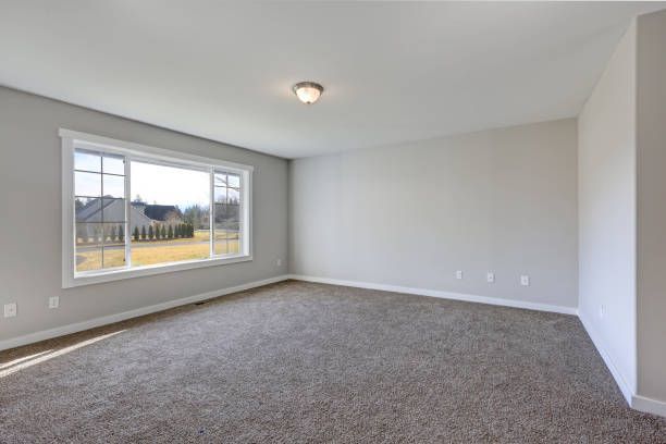 Empty room with gray walls, carpet, and a large window overlooking a yard.