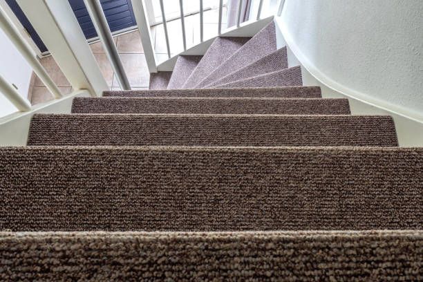 Brown carpeted spiral staircase with white railing, viewed from above.