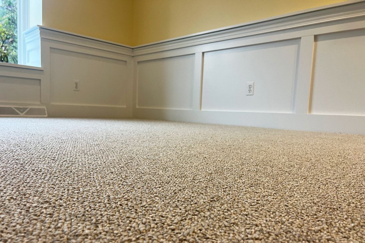 Low-angle view of a room with beige carpet, white wainscoting, and yellow walls. A window is in the corner.