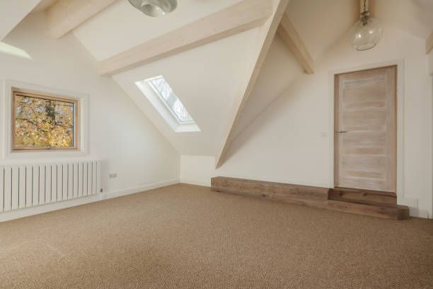 Empty attic room with tan carpet, sloped ceiling, small window, and door.