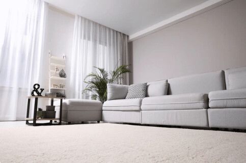 Light and airy living room with white walls, sofa, rug, and sheer curtains.