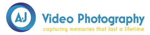 AJ Video Photography logo with a black circular AJ icon and gray text on a light background