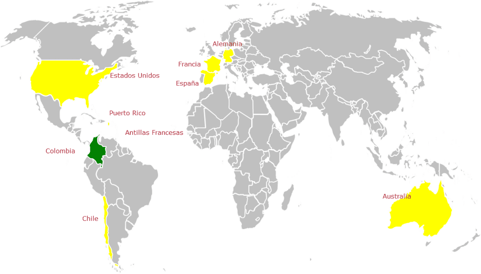 Mapamundi con países atendidos resaltados