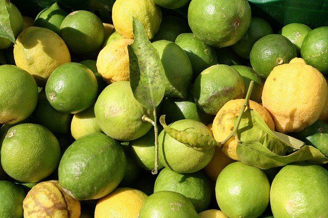 limones frescos verdes y amarillos