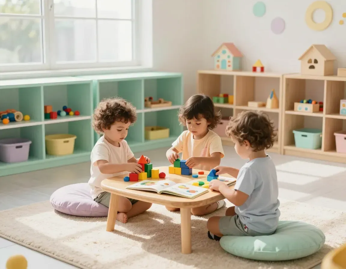 Three children playing with toys at a small table in a bright playroom