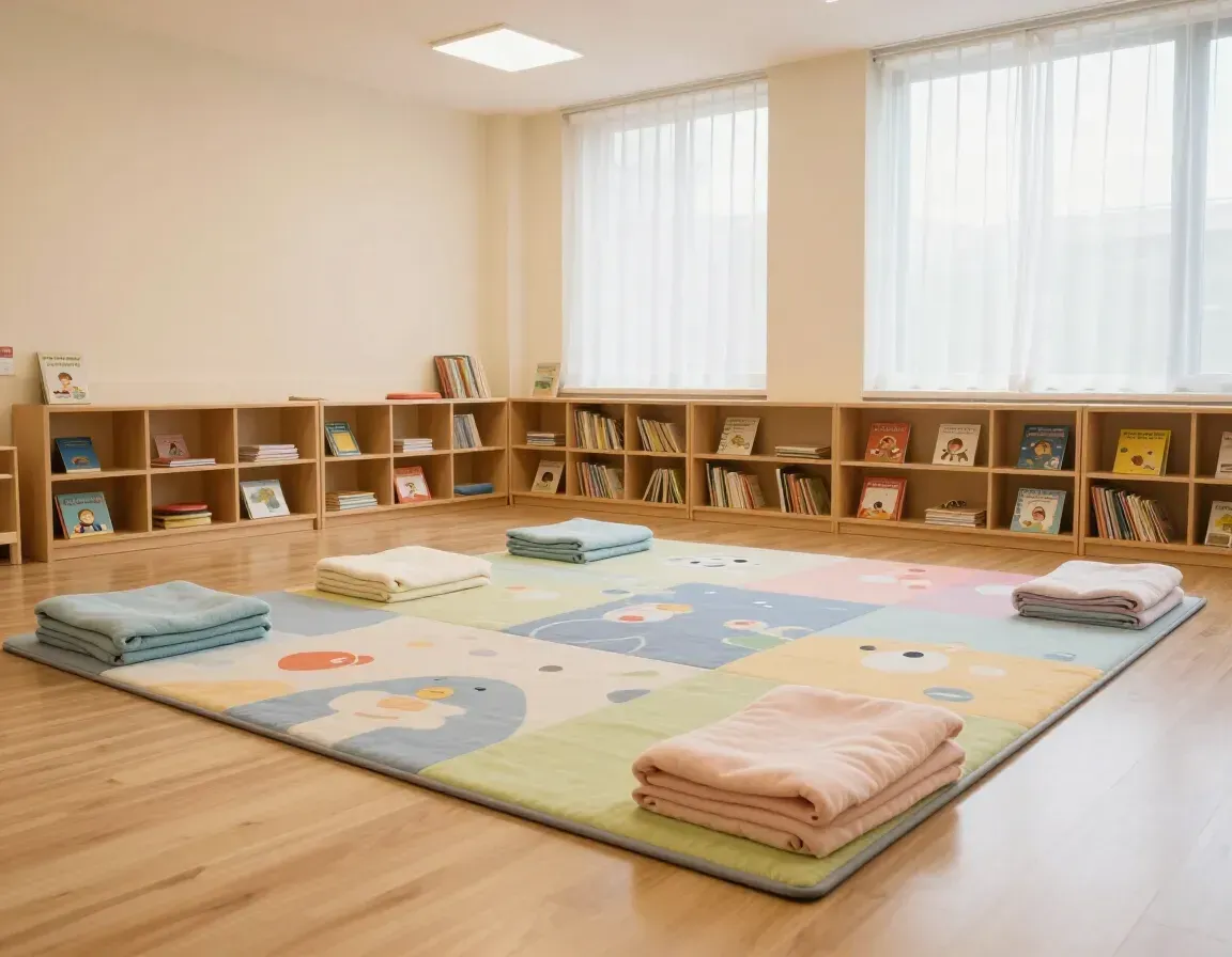 Bright Montessori classroom with low wooden shelves, floor cushions, and a large patterned rug on a wood floor.