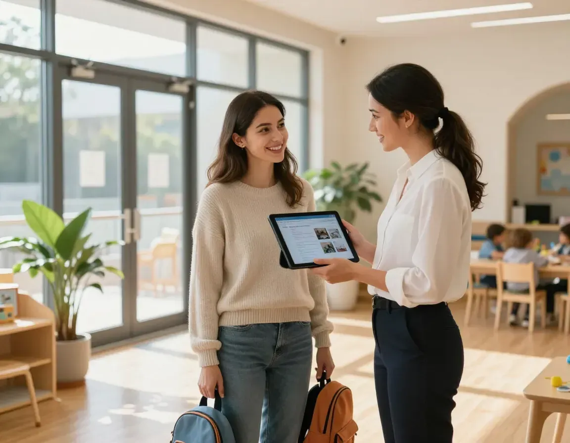 Two women talking in a bright office, one holding a tablet while the other carries a backpack and bag.