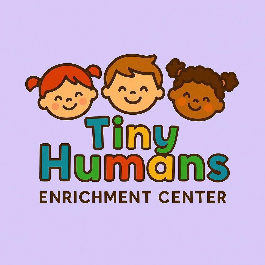 Tiny Humans Enrichment Center logo with three smiling cartoon faces on a purple background