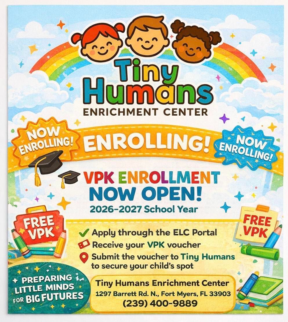 Tiny Humans Enrichment Center VPK enrollment flyer, colorful rainbow design with “Now Enrolling” and “Enroll now open!”