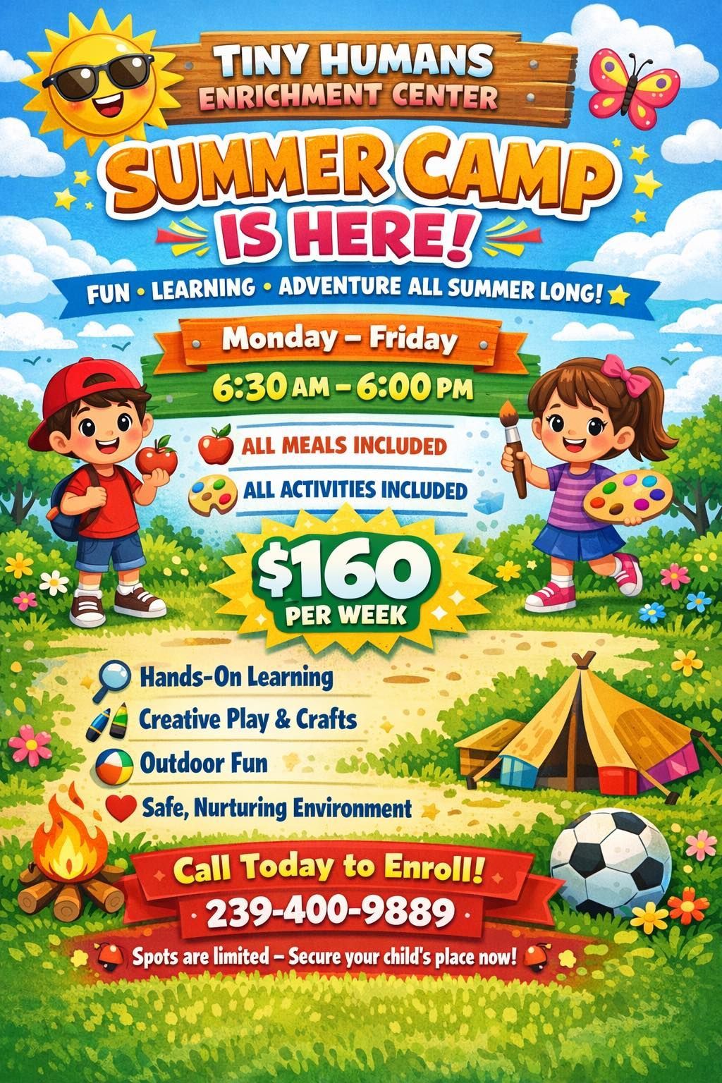 Tiny Humans Summer Camp flyer with kids, sunflowers, tents, activities, dates, price, and contact info.