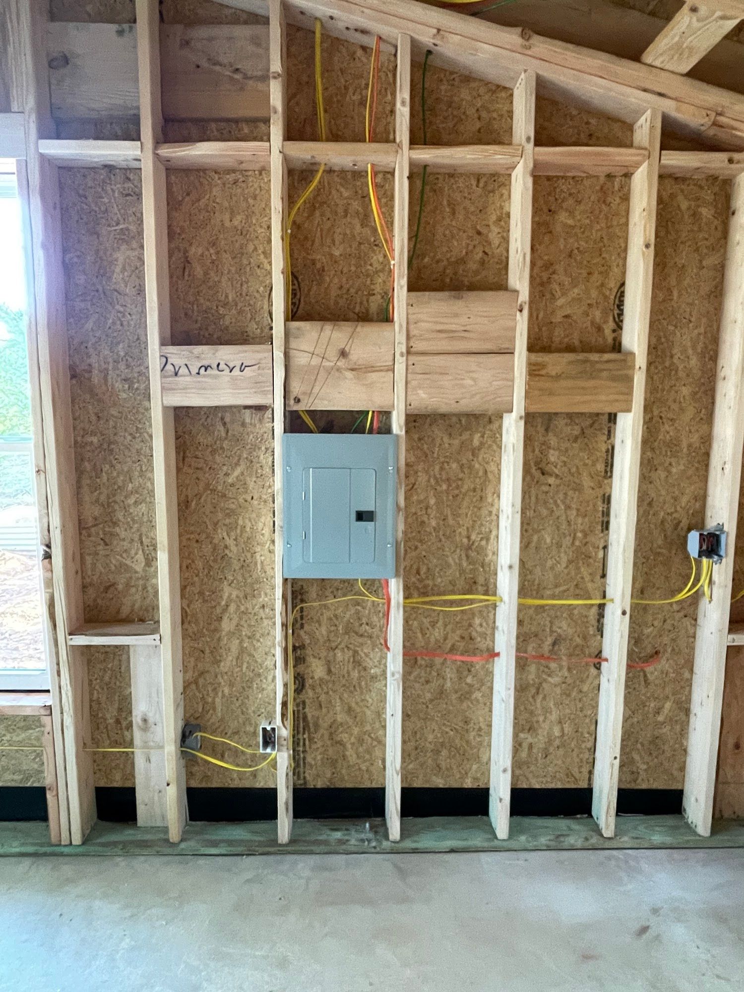 An electrical panel mounted on wooden wall studs with exposed yellow wiring in an unfinished interior room.