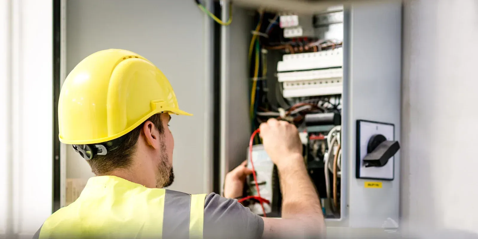 An electrician in a yellow hard hat and high-visibility vest performs maintenance on an open electrical control panel.