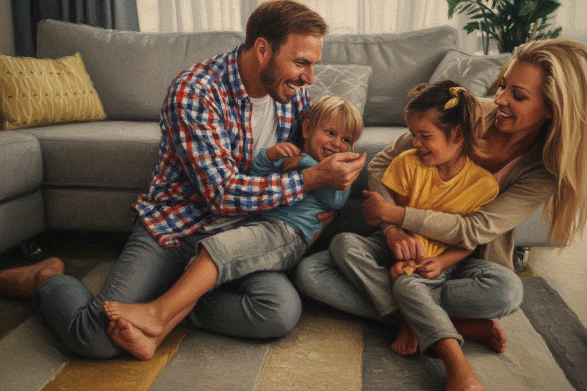 Family laughing together on the floor. Father and mother tickle their two children near a gray couch.