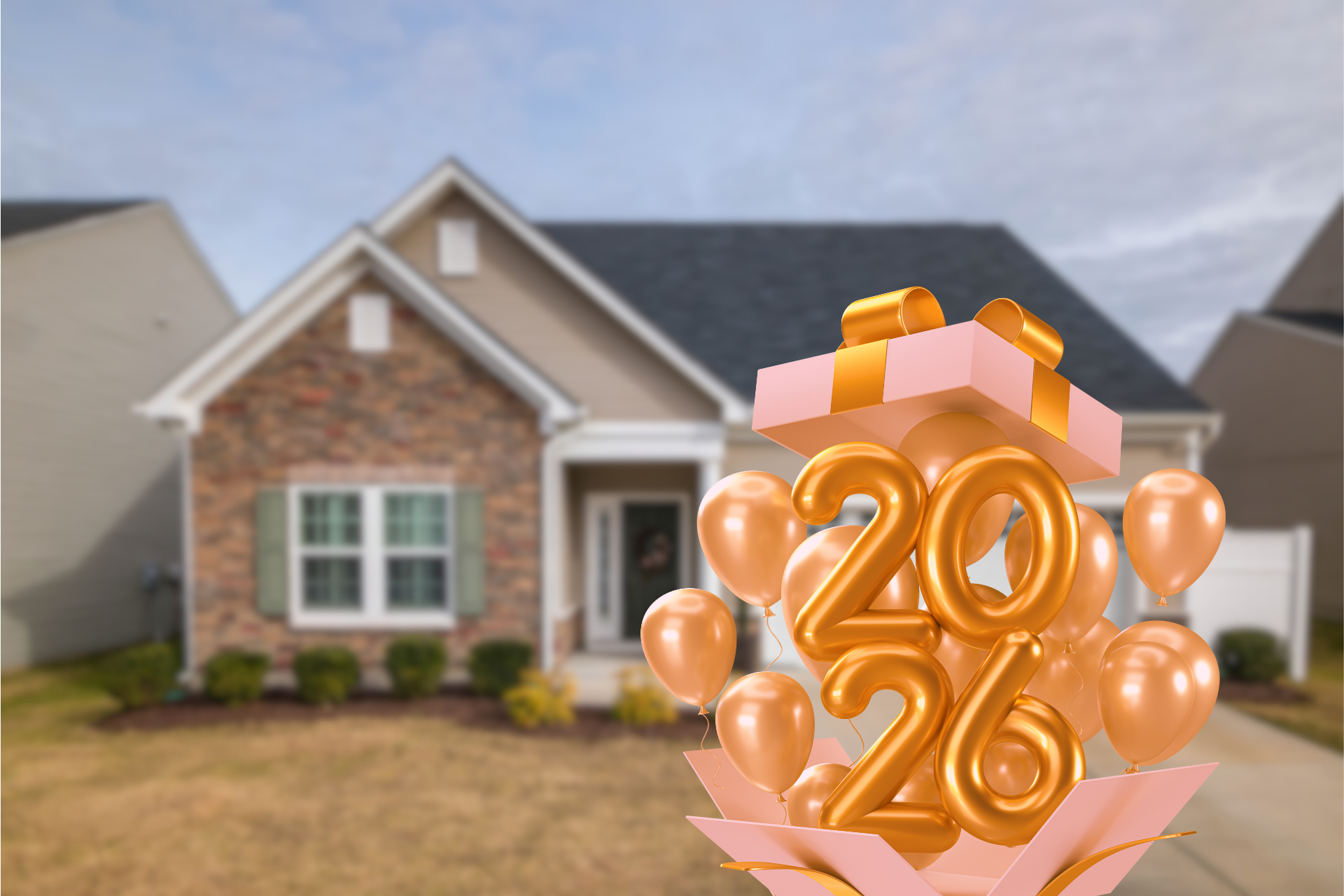 House with a gift box overflowing with balloons and the number 