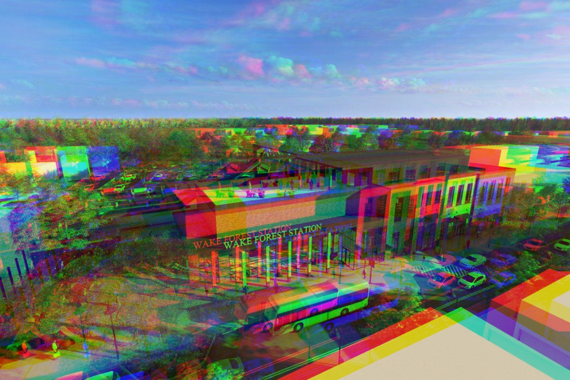 An aerial view of a building with a red, blue, and green distorted effect overlay. The building has columns in front and is surrounded by trees and cars.