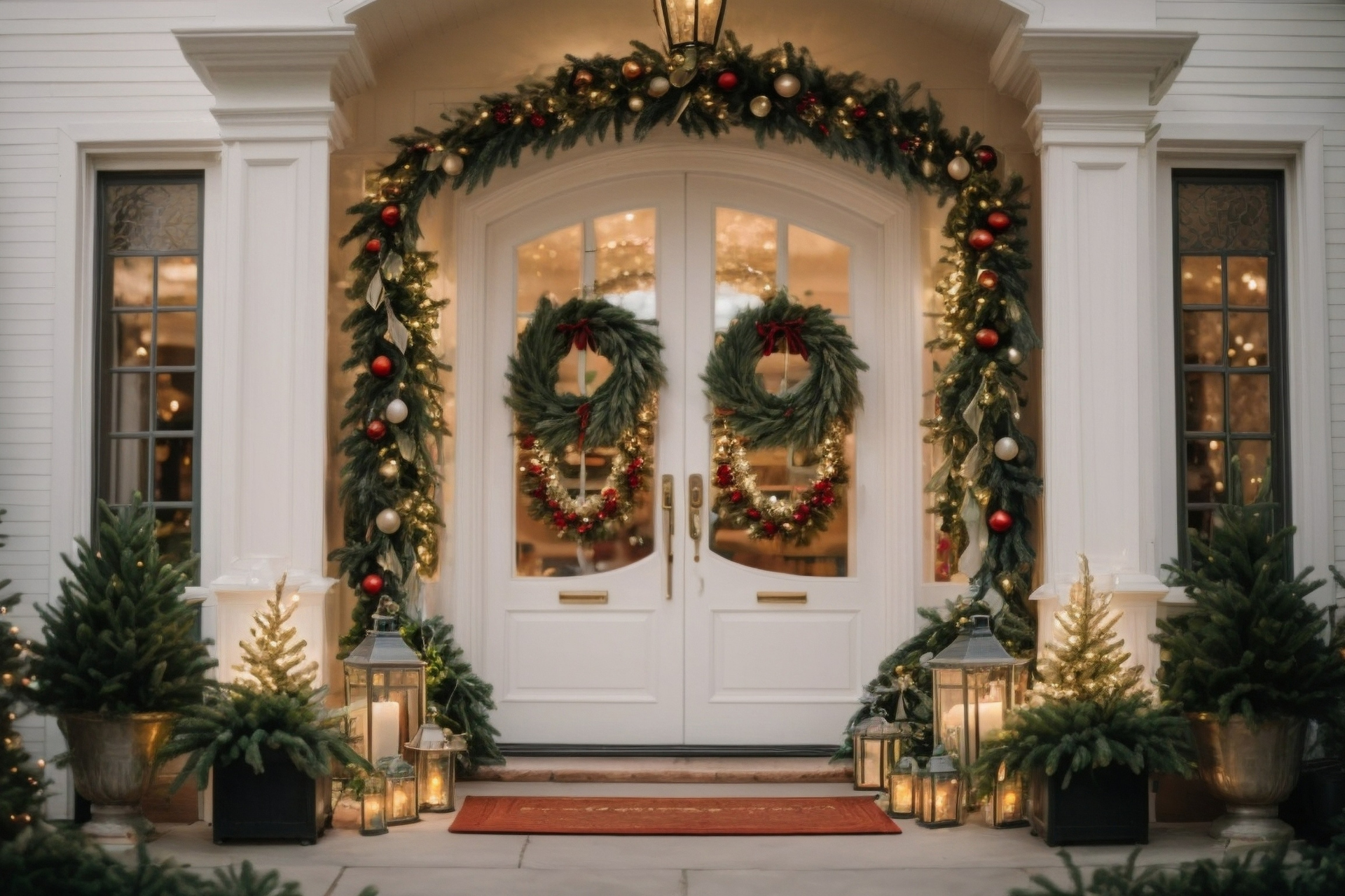 Christmas-decorated white front doors with garland, wreaths, and lanterns. Festive holiday scene.