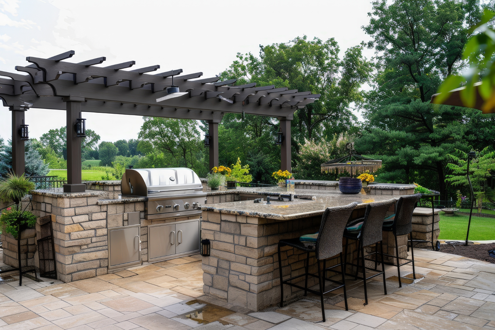 Outdoor kitchen with stone countertops, grill, pergola, and bar seating.