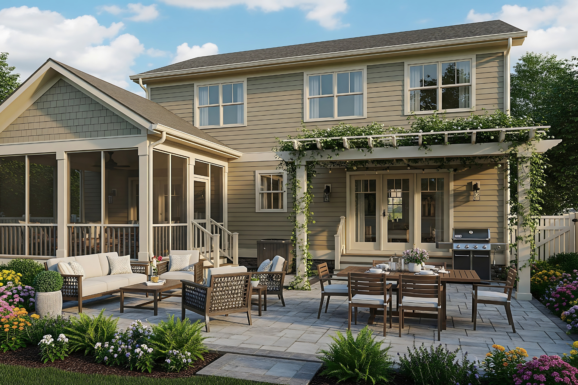 Backyard patio with seating, dining, a grill, and a screened-in porch.