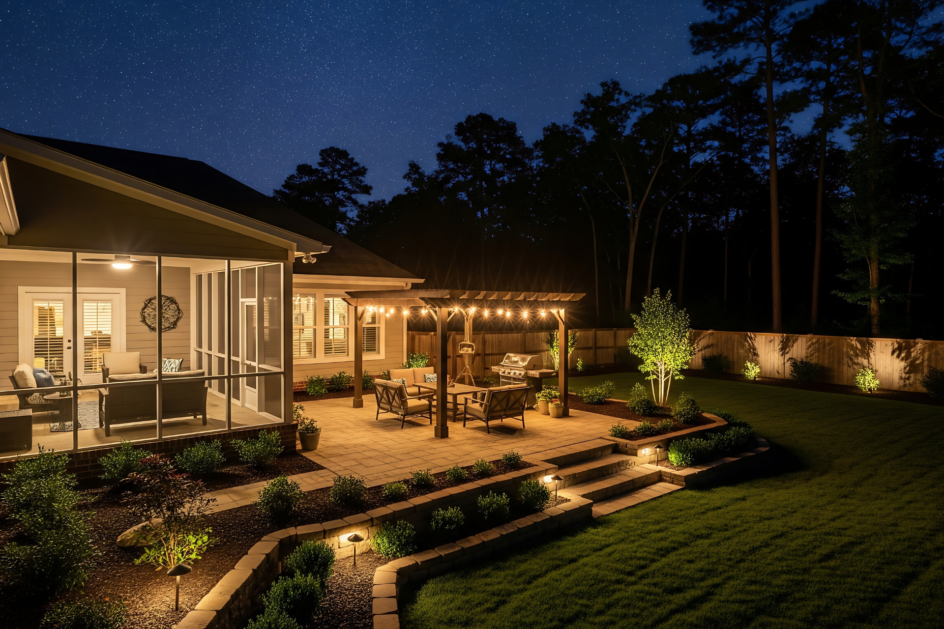 Night view of illuminated patio with seating, string lights, and a backyard with landscaping.