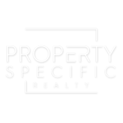 White logo for Property Specific Realty, featuring text within a rectangular frame.