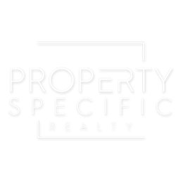 White logo for Property Specific Realty, featuring text within a rectangular frame.