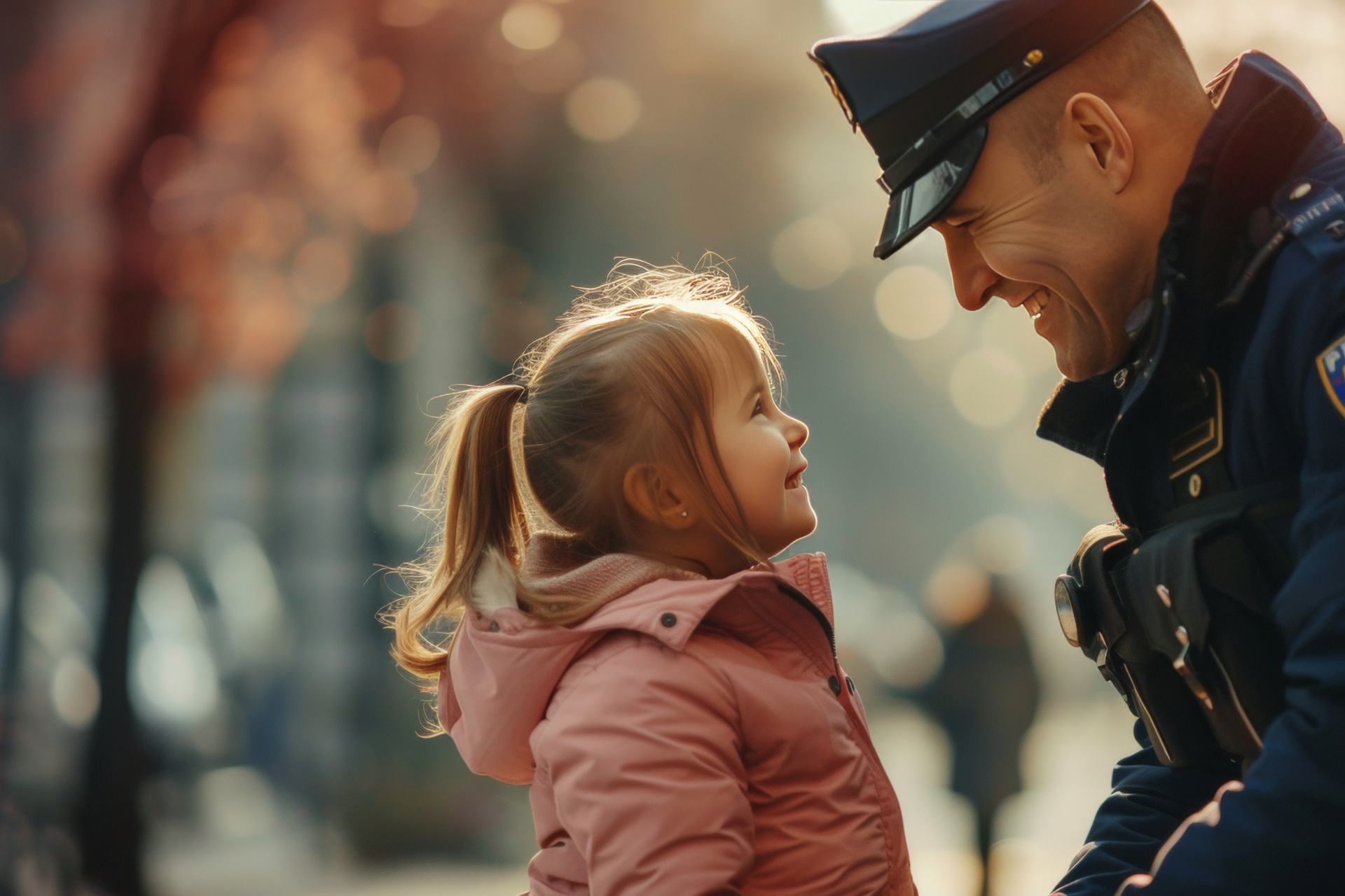 A police officer smiles at a young girl. They face each other outdoors, bathed in sunlight.