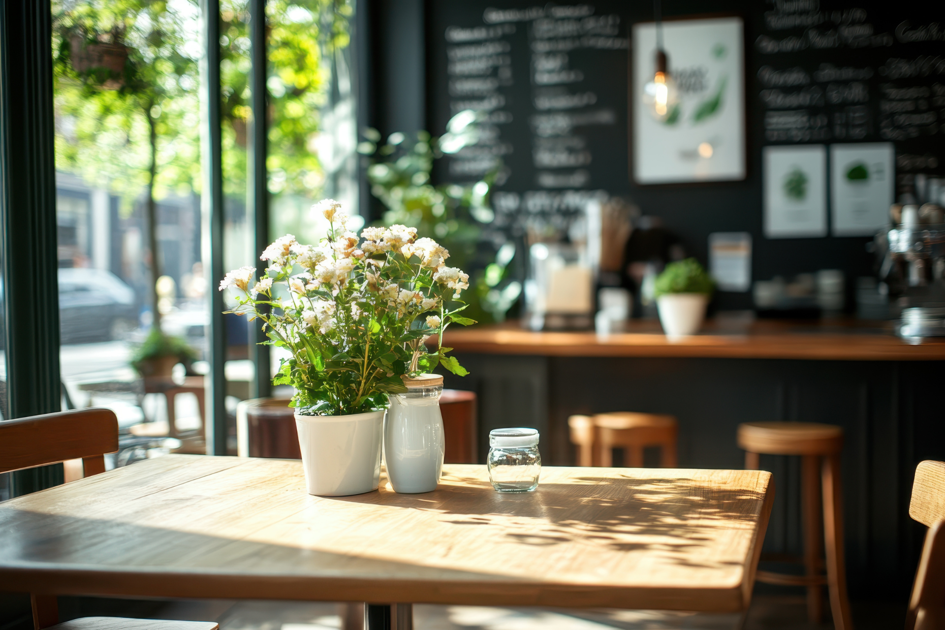 Cafe interior: table with flowers, glass, and jar, overlooking a sunny street. Wooden bar and menu board in the background.
