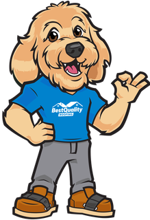 A cartoon dog wearing a blue Best Quality Roofing shirt and gray pants is waving