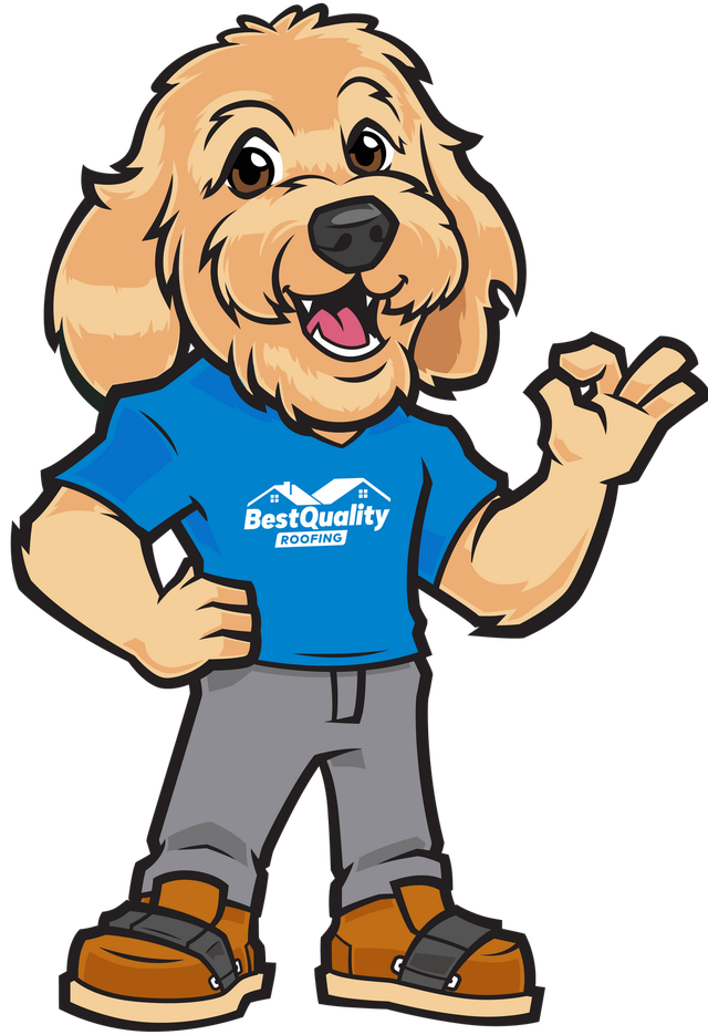 A cartoon dog wearing a blue Best Quality Roofing shirt and gray pants is waving
