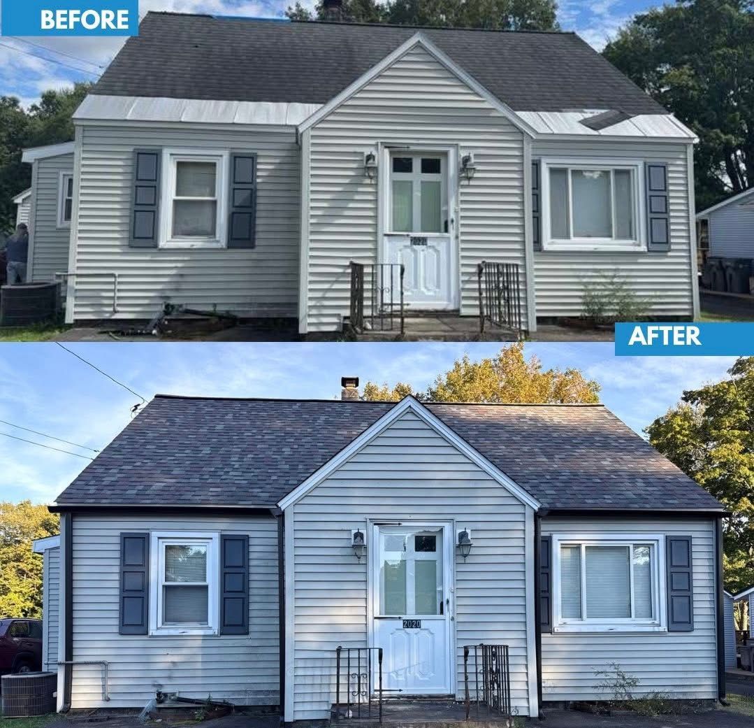 Before/after view of a house; the roof and siding appear cleaned. Light blue siding, blue shutters, white trim.