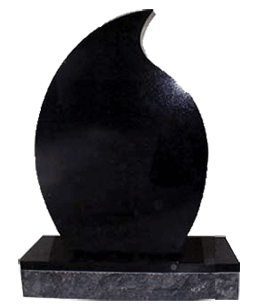 A black plaque in the shape of a flame