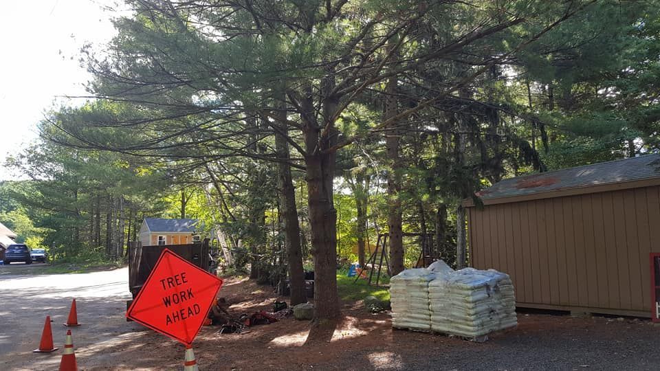 A large orange sign is sitting on the side of a road next to a shed.