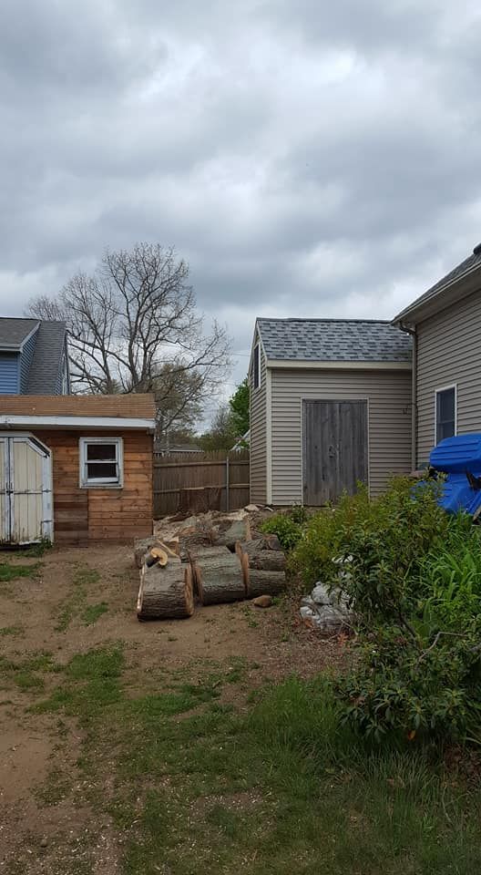 A backyard with a shed , a garage , and a pile of logs.