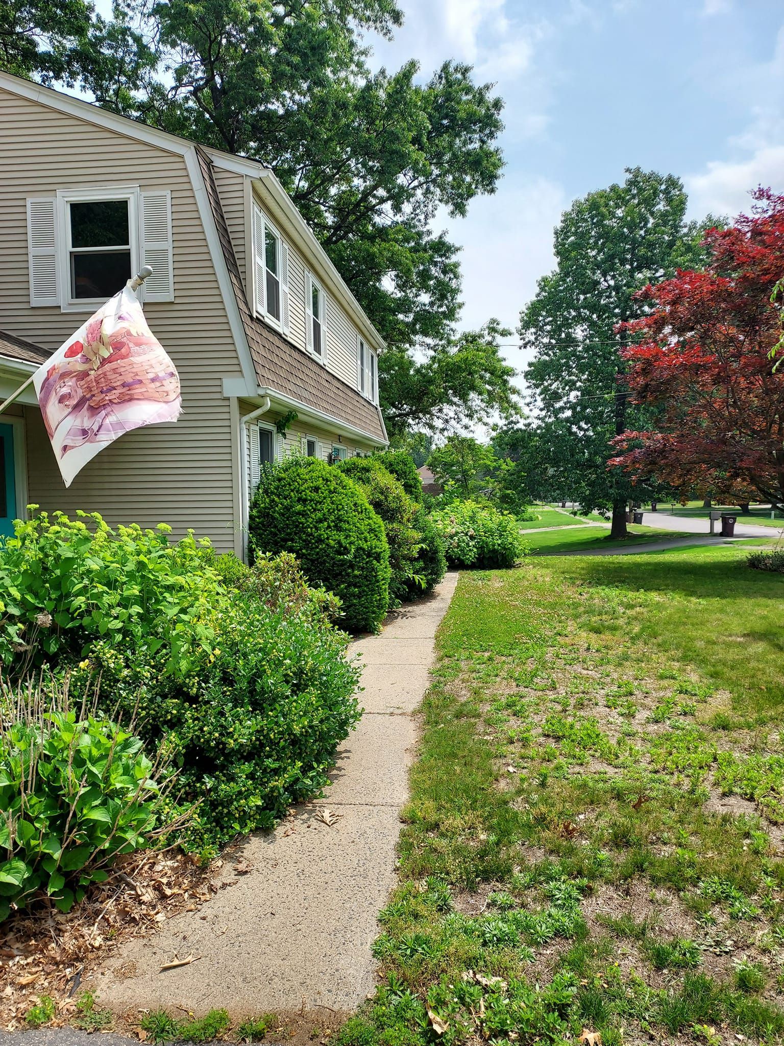 A house with a flag hanging from the side of it and a walkway leading to it.