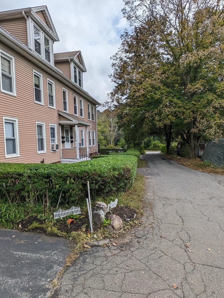 A large house is sitting on the side of a road next to a hedge.