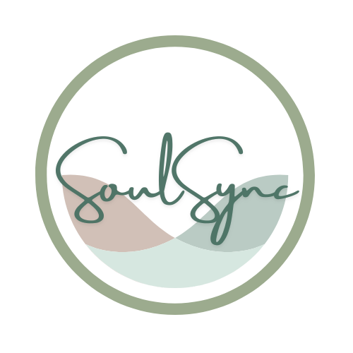 Logo for SoulSync, featuring script lettering over two colored wave shapes, within a green circle.