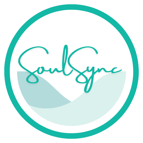 Logo for SoulSync, featuring script lettering over two colored wave shapes, within a green circle.