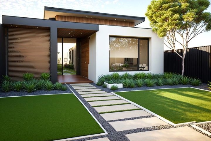 Modern house with white facade, large windows, front lawn, and a stepping-stone walkway