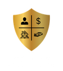 Gold shield with person, money, house, and car icons, symbolizing protection.